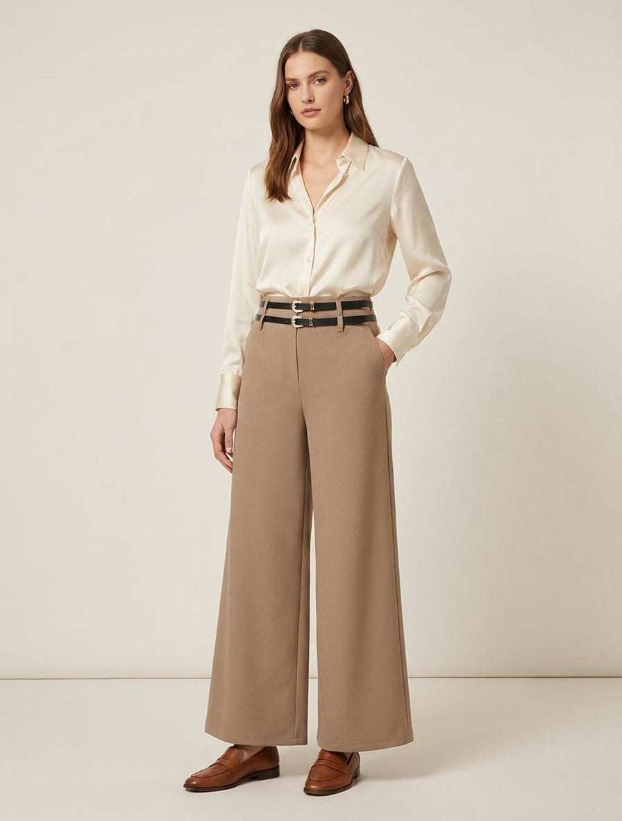 Pantaloni ampi a vita alta con doppie cinture - Chameau