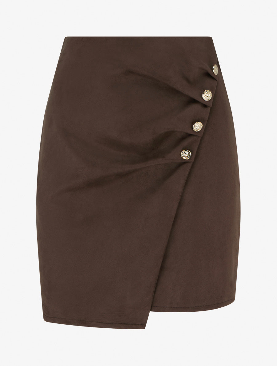 Jupe style portefeuille en suédine à boutons - Marron - 1