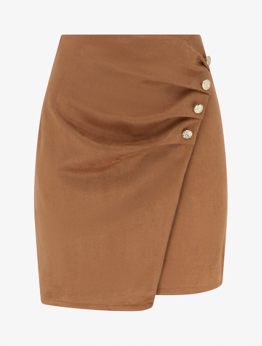 Jupe style portefeuille en suédine à boutons - Camel - 1