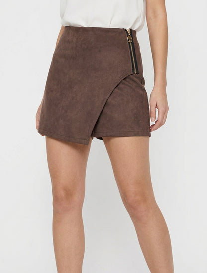 Gonna-pantaloncino in camoscio stile portafoglio con zip - Marrone