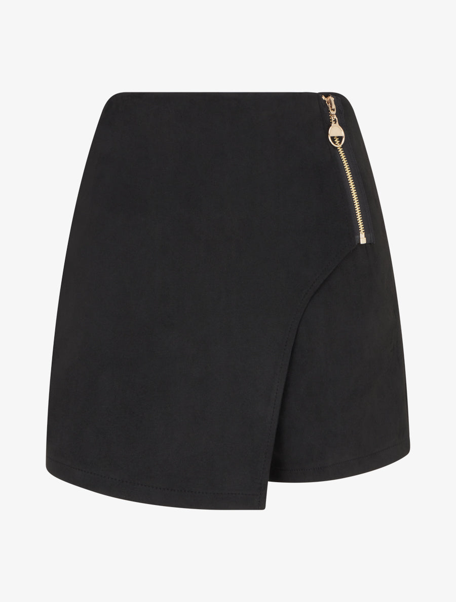 Jupe-short en suédine style portefeuille à zip - Noir - 1
