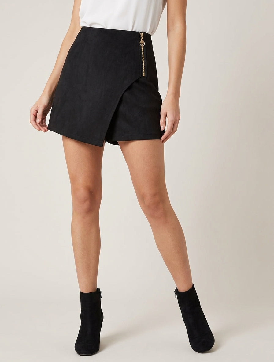 Gonna-pantaloncino in camoscio stile portafoglio con zip - Nero