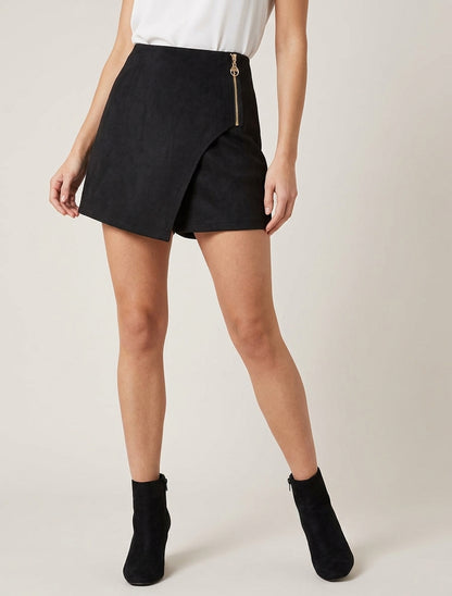 Gonna-pantaloncino in camoscio stile portafoglio con zip - Nero