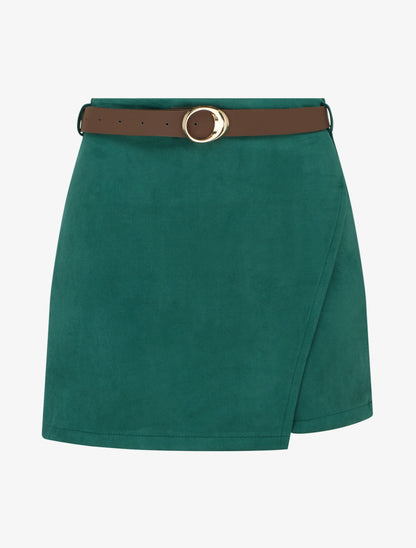 Jupe-short portefeuille en suédine à ceinture - Vert foncé - 1