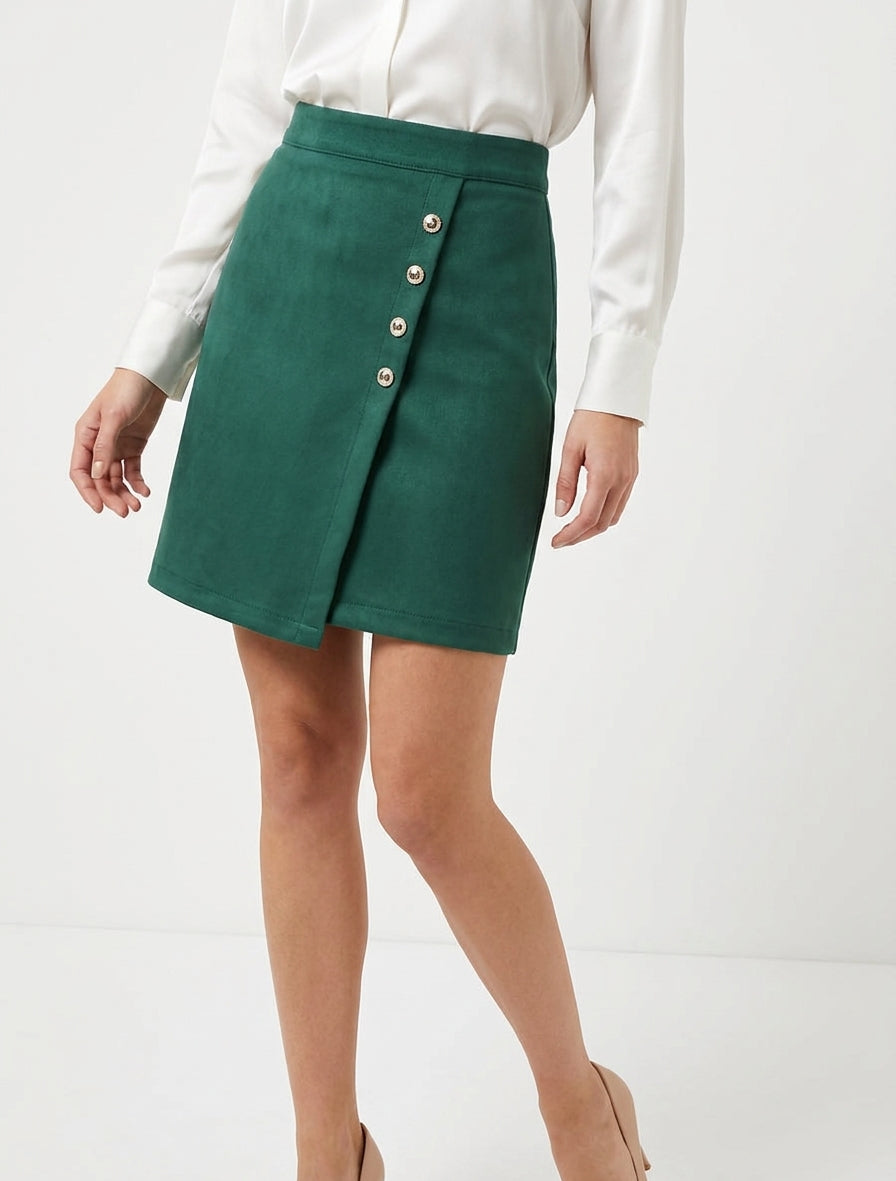 Gonna in suede stile portafoglio con bottoni - Verde
