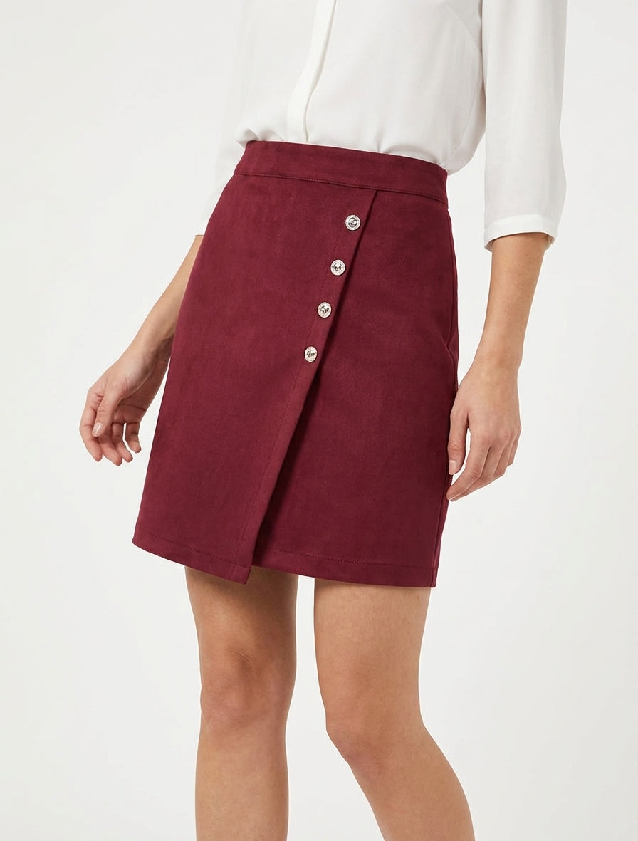 Gonna in suede stile portafoglio con bottoni - Bordeaux