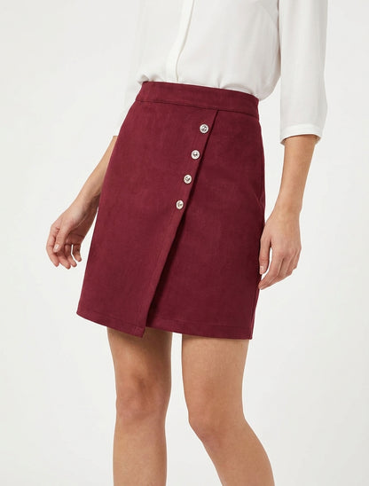 Gonna in suede stile portafoglio con bottoni - Bordeaux