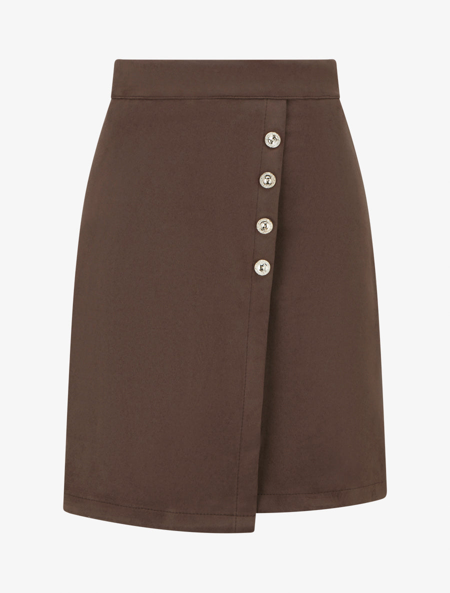 Jupe en suédine style portefeuille à boutons - Marron - 1