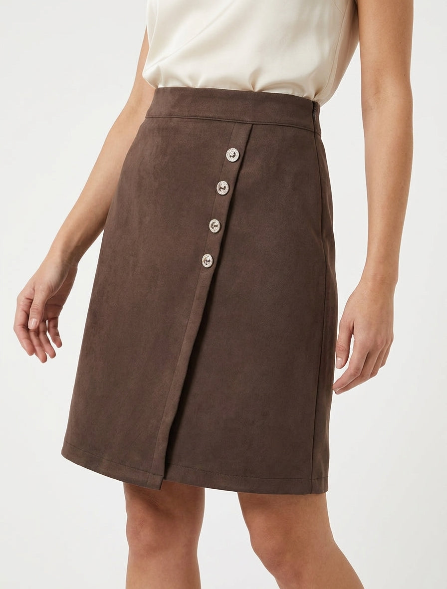 Gonna in suede stile portafoglio con bottoni - Marrone