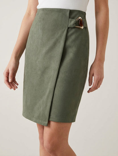 Gonna portafoglio in suede con fibbia gioiello - Cachi