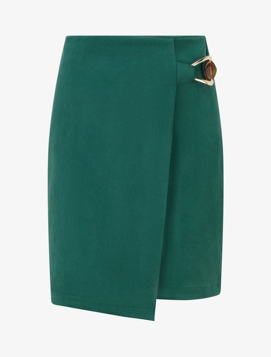 Jupe portefeuille en suédine à boucle bijou - Vert sapin - 1