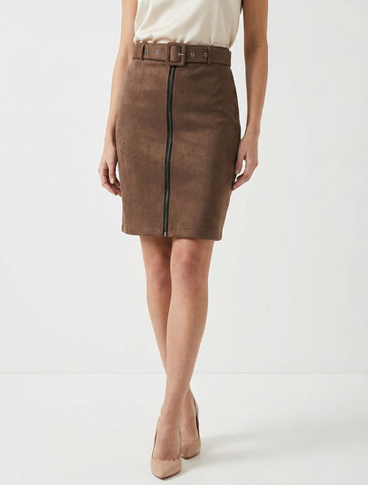 Gonna a tubino a vita alta in suede con cerniera - Marrone