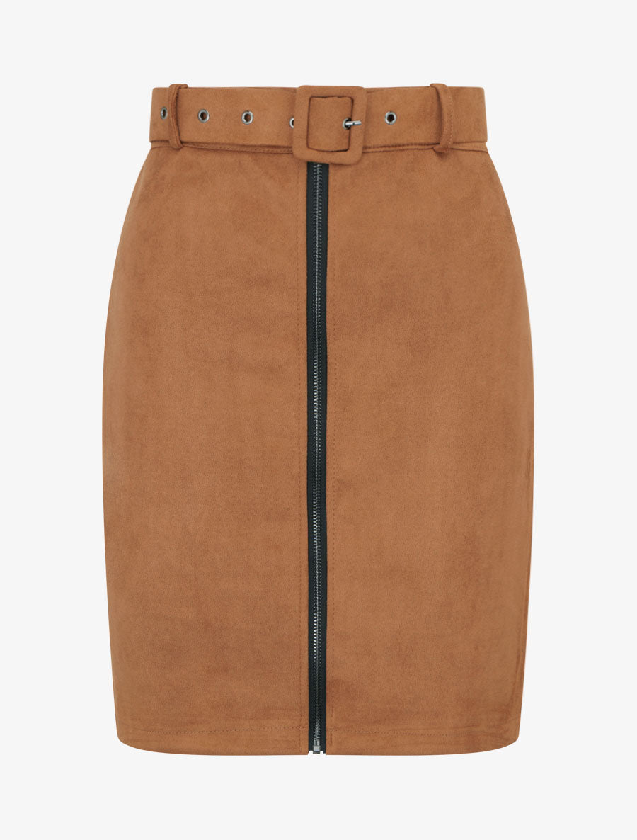 Jupe crayon taille haute en suédine à zip - Camel - 1