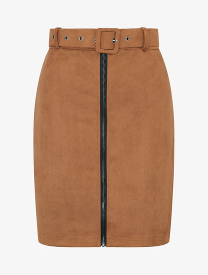 Jupe crayon taille haute en suédine à zip - Camel - 1