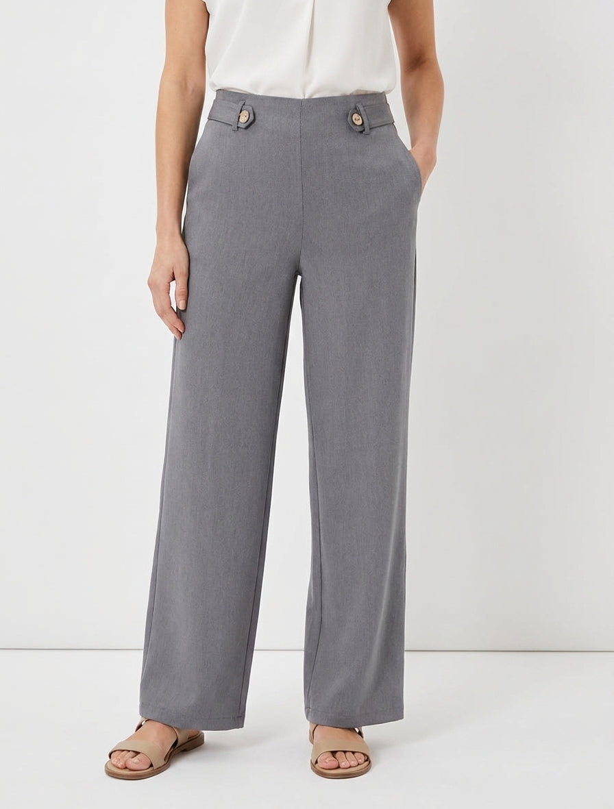 Pantaloni ampi a vita alta con bottoni decorativi - Grigio