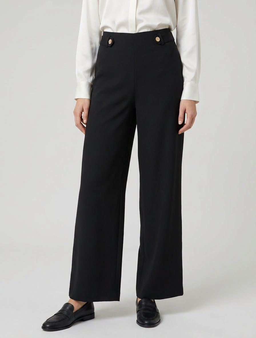 Pantaloni ampi a vita alta con bottoni decorativi - Nero