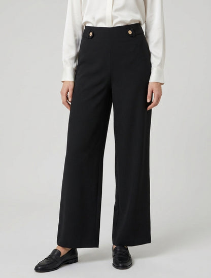 Pantaloni ampi a vita alta con bottoni decorativi - Nero