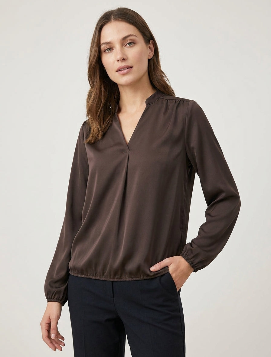 Top satinato a maniche lunghe e scollo a V - Marrone