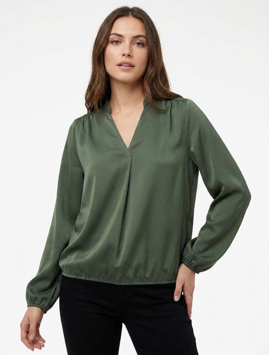Top satinato a maniche lunghe e scollo a V - Cachi