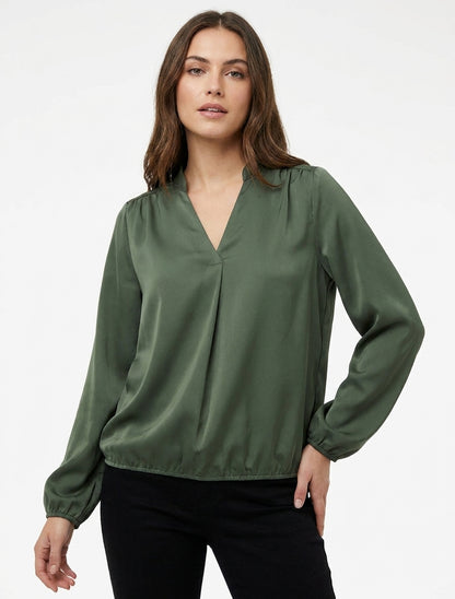 Top satinato a maniche lunghe e scollo a V - Cachi