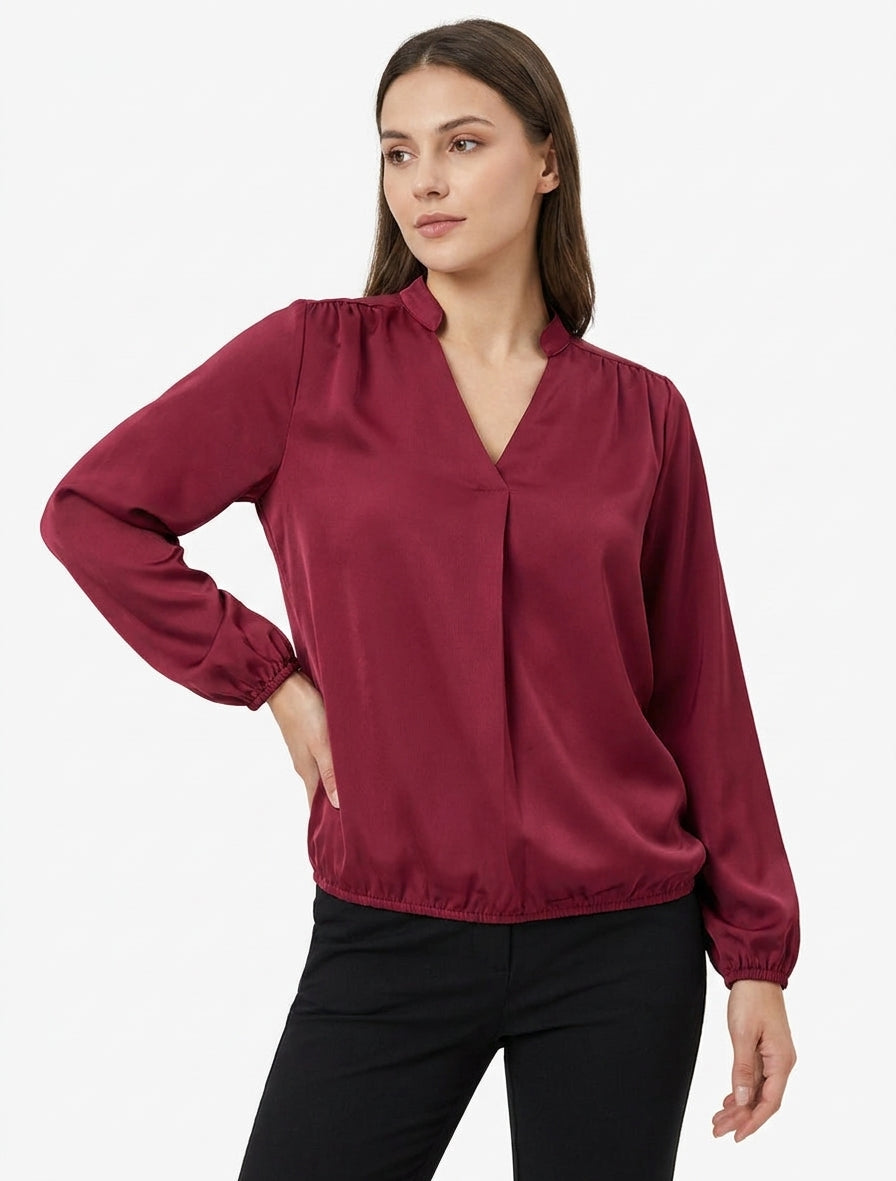 Top satinato a maniche lunghe e scollo a V - Bordeaux