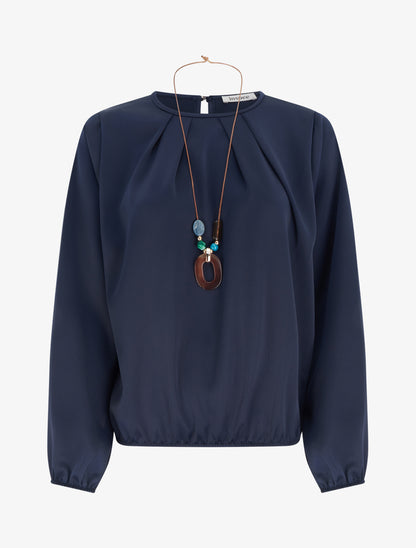 Top boule satiné à manches longues et col rond - Marine - 1