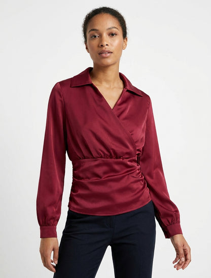Top aderente effetto satinato con scollo a portafoglio - Bordeaux