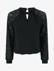Top à manches raglan en dentelle et col ajouré - Noir - 1