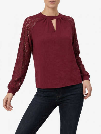 Top in pizzo con maniche raglan e collo traforato - Feccia di vino