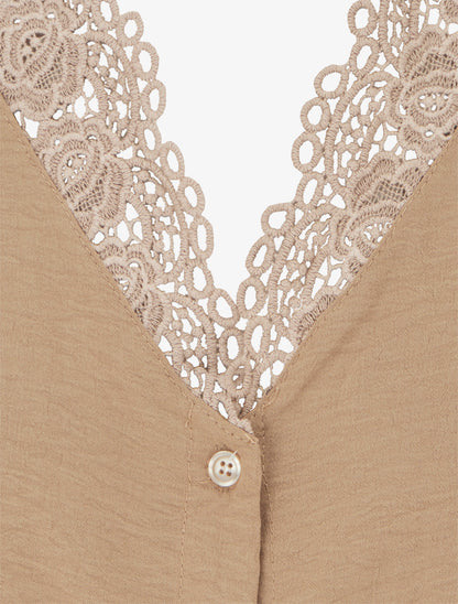 Blouse droite à col V en dentelle - Beige foncé - 3