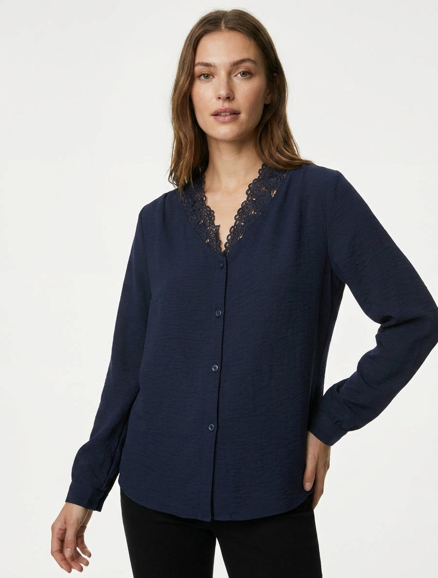 Blusa dritta con scollo a V in pizzo - Marina