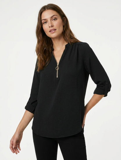 Top fluido con collo con zip - Nero