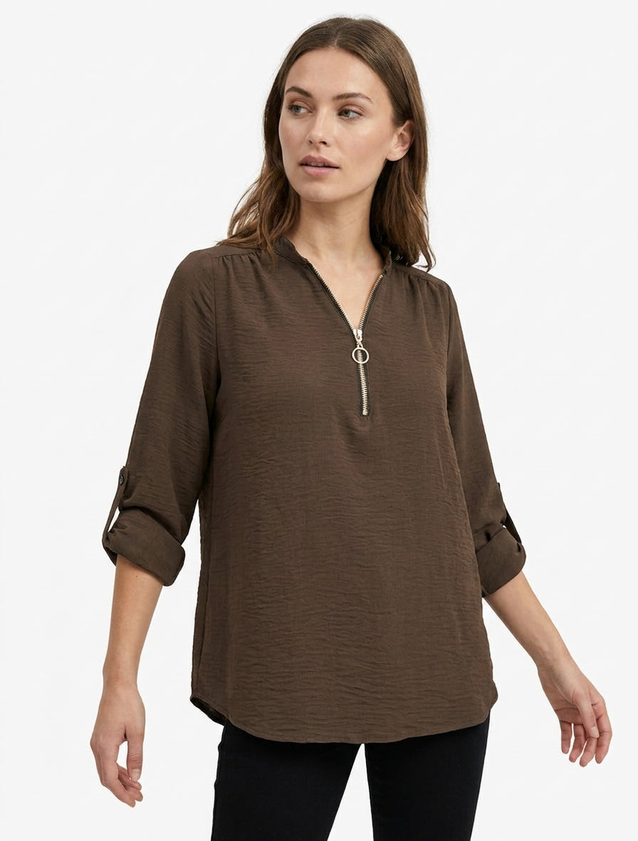 Top fluido con collo con zip - Marrone