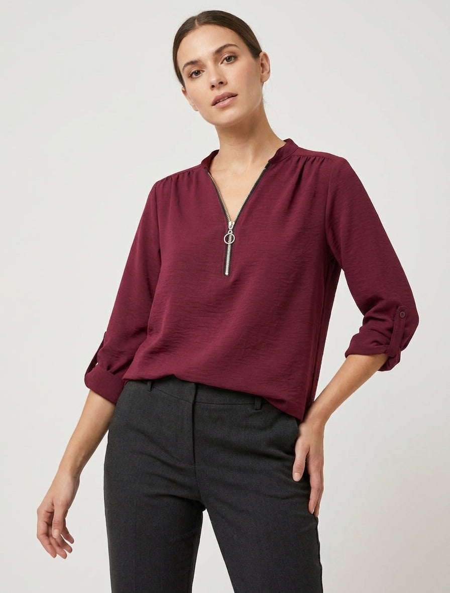 Top fluido con collo con zip - Feccia di vino