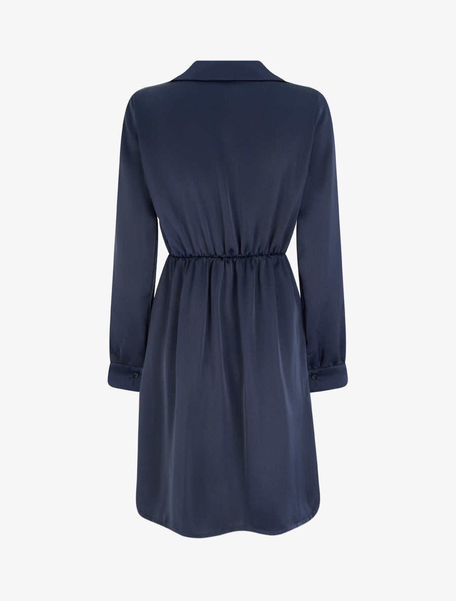 Robe portefeuille satinée à manches longues et bijou - Marine - 2