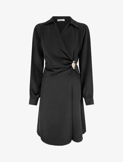 Robe portefeuille satinée à manches longues et bijou - Noir - 1