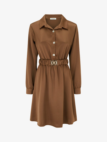 Robe satinée style chemise à manches longues - Camel - 1