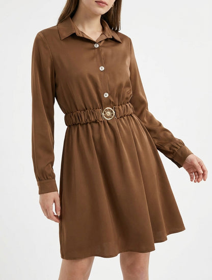 Abito in raso stile camicia a maniche lunghe - Chameau