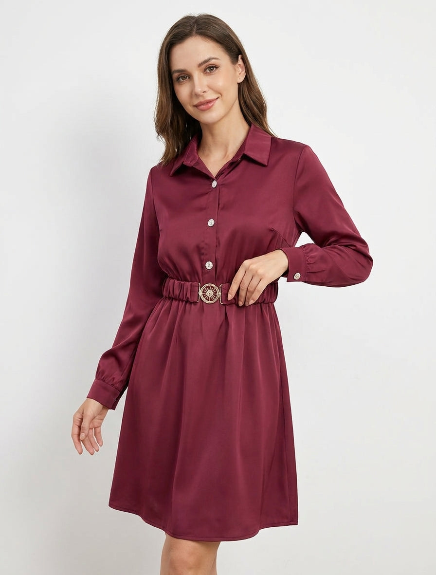 Abito in raso stile camicia a maniche lunghe - Feccia di vino