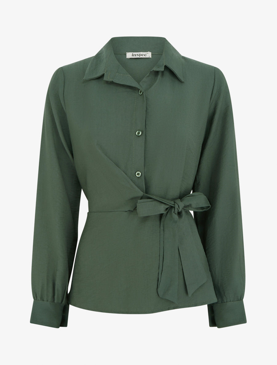 Top manches longues style chemise à nouer - Kaki - 1