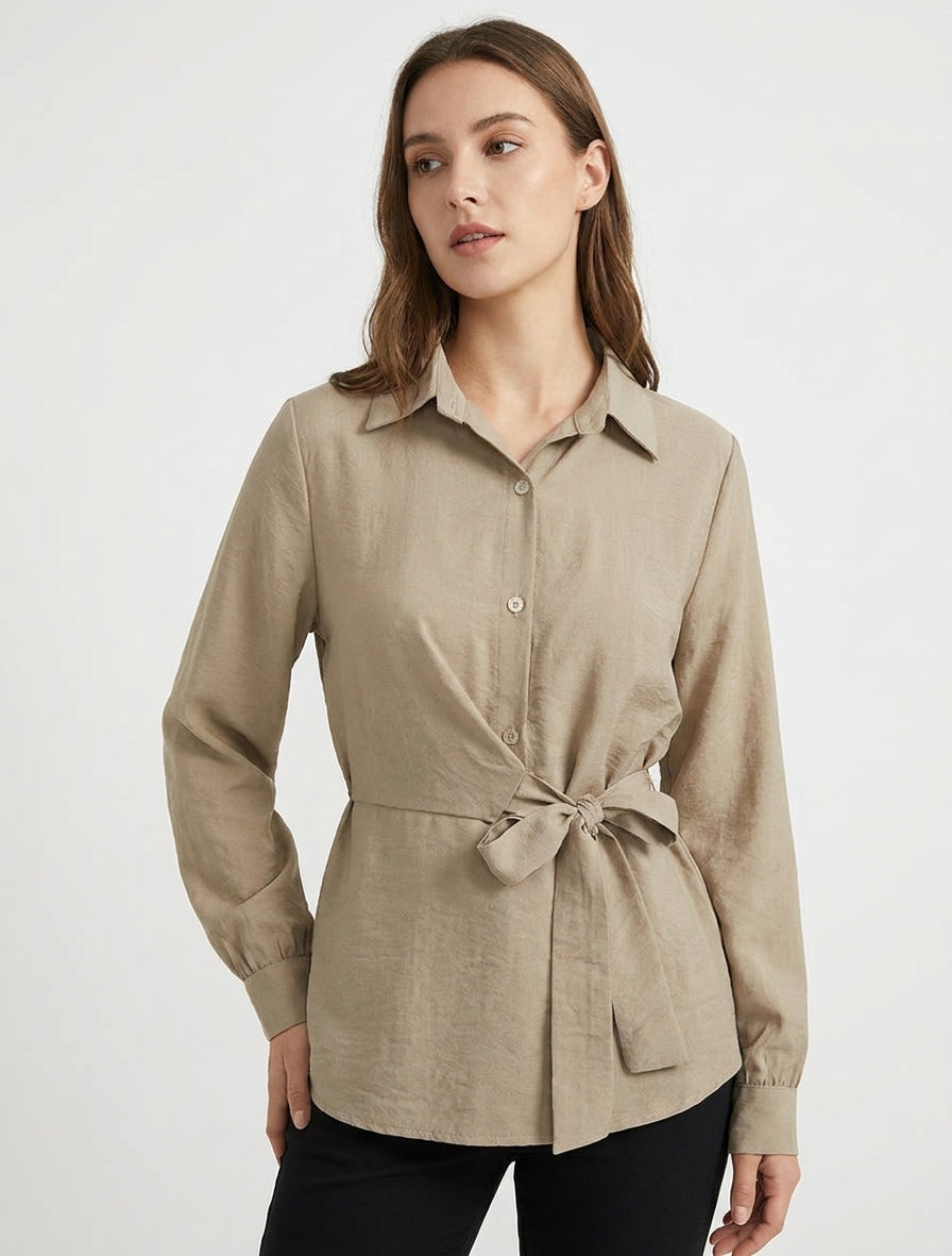 Top a maniche lunghe stile camicia da annodare - Beige