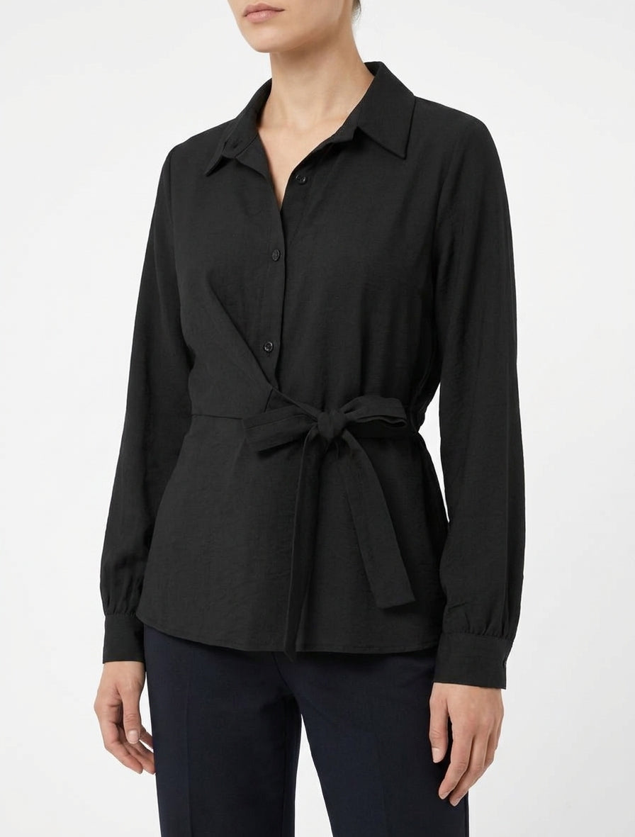 Top a maniche lunghe stile camicia da annodare - Nero