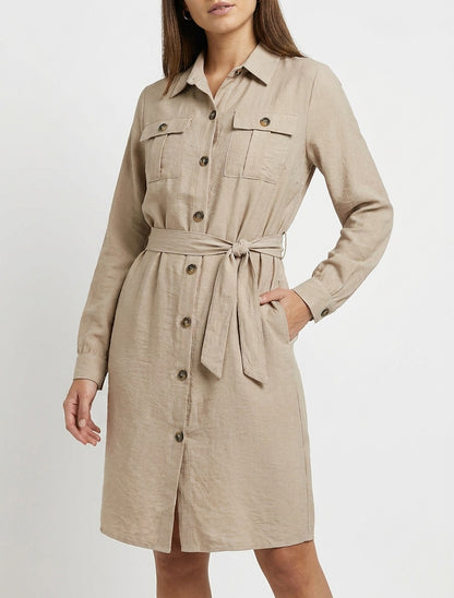 Abito camicia tinta unita da annodare - Beige