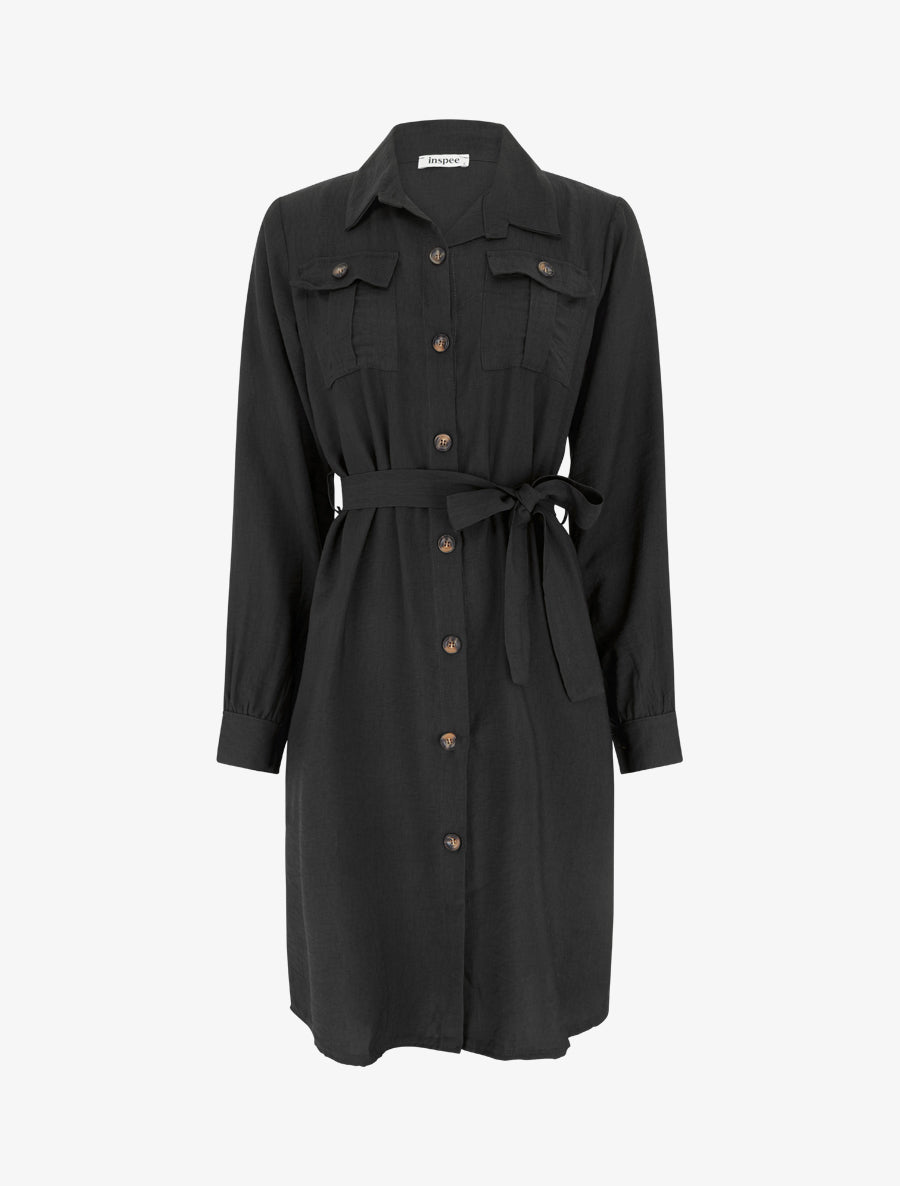 Robe chemise unie à nouer - Noir - 1