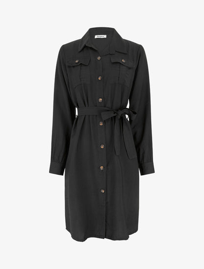 Robe chemise unie à nouer - Noir - 1
