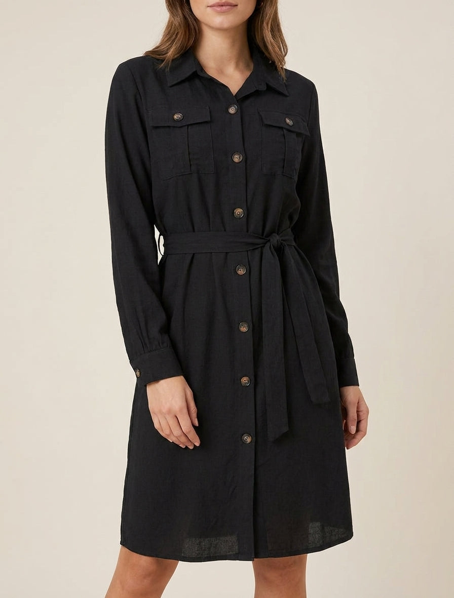 Abito camicia tinta unita da annodare - Nero