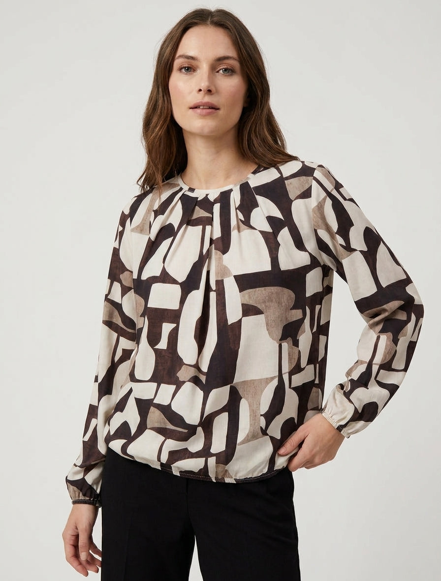 Blusa stampata retrò con collo rotondo - Marrone