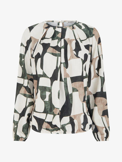 Blouse imprimé rétro à col rond - Kaki - 1