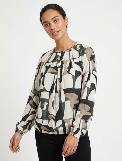 Blusa stampata retrò con collo rotondo - Cachi
