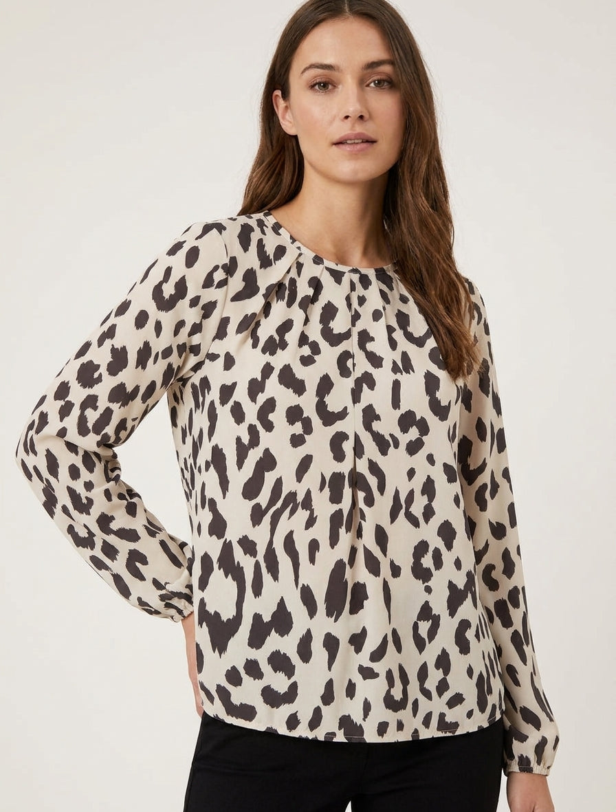 Blusa stampata mucca con scollo rotondo - Marrone